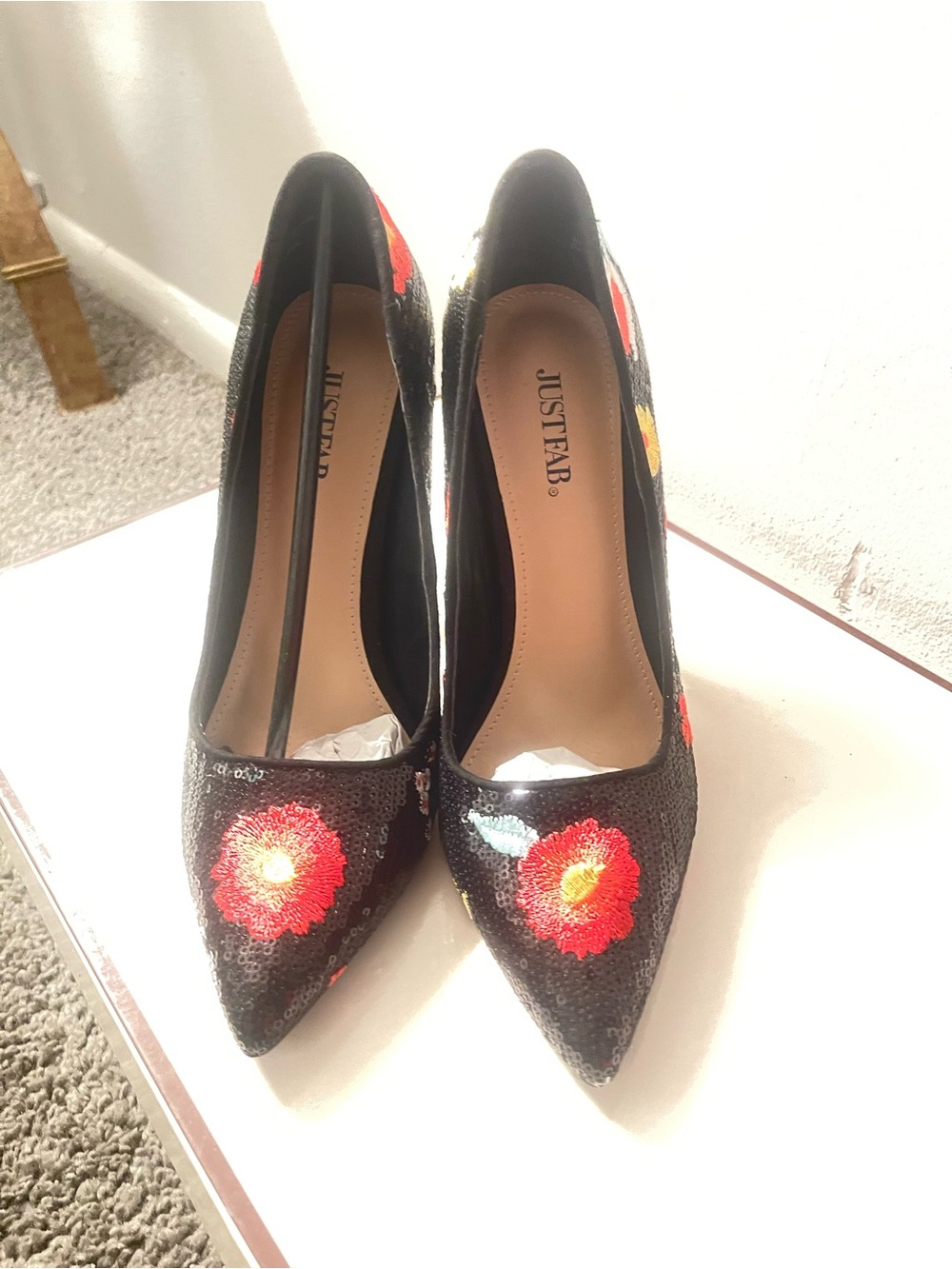 JustFab Black Sequin Pumps with Red Floral Embroidery